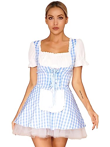 Alvivi Damen Dienstmädchen Kostüm Französisch Maid Kleid Kurzarm Gingham Kleid Vintage Oktorberfest Kleid Halloween Karneval Fasching Partykleid Blau M von Alvivi