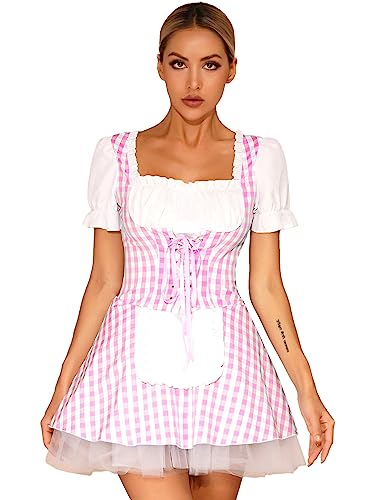 Alvivi Damen Dienstmädchen Kostüm Französisch Maid Kleid Kurzarm Gingham Kleid Vintage Oktorberfest Kleid Halloween Karneval Fasching Partykleid Rosa M von Alvivi