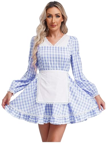 Alvivi Damen Dienstmädchen Kostüm Langarm Hausmädchen Kled mit Schürze Französisch Maid Kleid Oktorberfest Kleid Karneval Fasching Partykleid Blau M von Alvivi