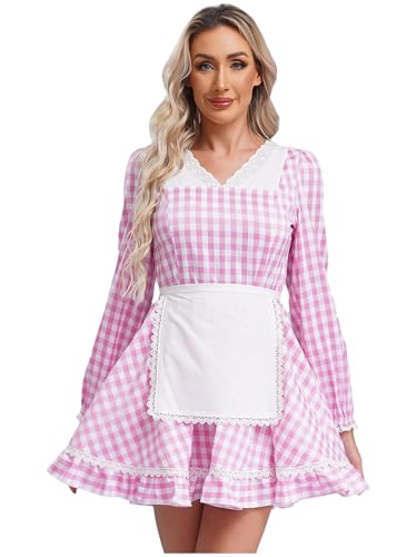 Alvivi Damen Dienstmädchen Kostüm Langarm Hausmädchen Kled mit Schürze Französisch Maid Kleid Oktorberfest Kleid Karneval Fasching Partykleid Rosa 3XL von Alvivi