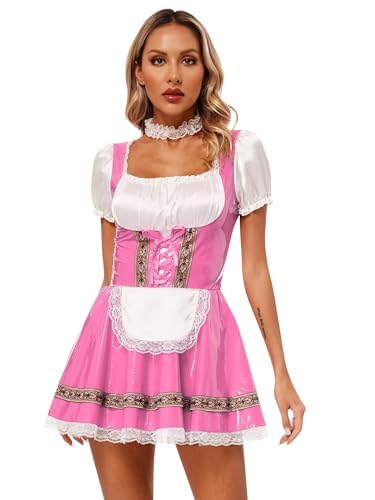 Alvivi Damen Dienstmädchen Kostüm Schwarz Wetlook Kleid Mini Rock Französisch Uniform Cosplay Kostüm Fasching Karneval S-5XL G Rosa L von Alvivi