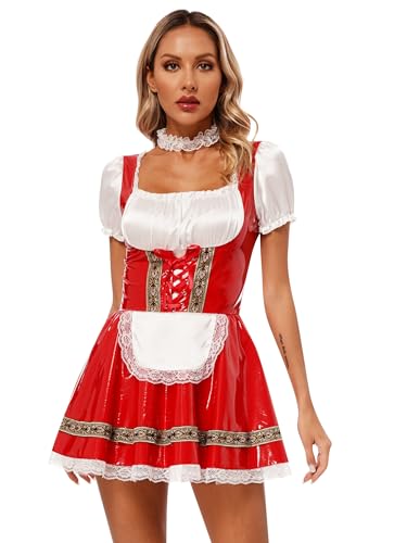 Alvivi Damen Dienstmädchen Kostüm Schwarz Wetlook Kleid Mini Rock Französisch Uniform Cosplay Kostüm Fasching Karneval S-5XL G Rot 3XL von Alvivi