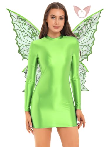 Alvivi Damen Elfenkleid mit Schmetterlingsflügel Elfenohren Feen Kleid Glossy Minikleid Bodycon Kleider Cosplay Karneval Fasching Kostüm Rave Partykleid Leuchtendes Grün M von Alvivi