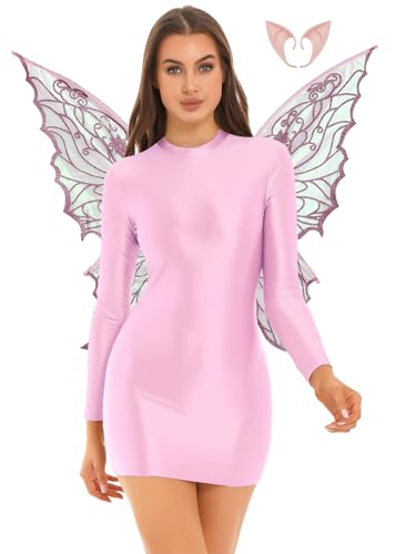 Alvivi Damen Elfenkleid mit Schmetterlingsflügel Elfenohren Feen Kleid Glossy Minikleid Bodycon Kleider Cosplay Karneval Fasching Kostüm Rave Partykleid Rosa M von Alvivi