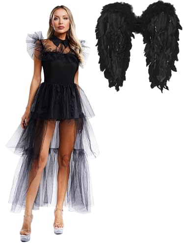 Alvivi Damen Engel Kleid Schwarz Engelskostüm mit Engelsflügel Gefallenen Teufel Kleid Gothic Mittelalter Kleid Halloween Karneval Fasching Kostüm Schwarz XL von Alvivi