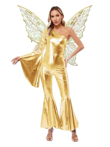 Alvivi Damen Feen Kostüm mit Schmetterlingsflügel Ein-Schulter Metallic Jumpsuit Langarm Body Overall mit Schlaghose Karneval Fasching Show Rave Party Outfits Gold XL von Alvivi