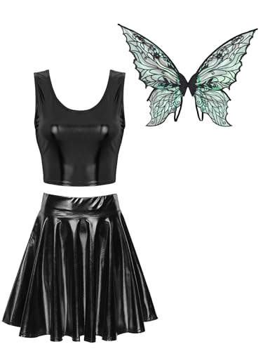 Alvivi Damen Feen Kostüm mit Schmetterlingsflügel Metallic Crop Tops + Minirock Faltenrock Karneval Faschingskostüm Rave Nachtclub Party Outfits Schwarz S von Alvivi