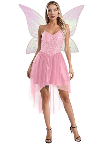 Alvivi Damen Feenkleid Pailletten Waldfee Prinzessin Kleid mit Schmetterlings Feenflügel Feen Kostüm Elfenkleid Cosplay Halloween Karneval Fasching Rosa L von Alvivi