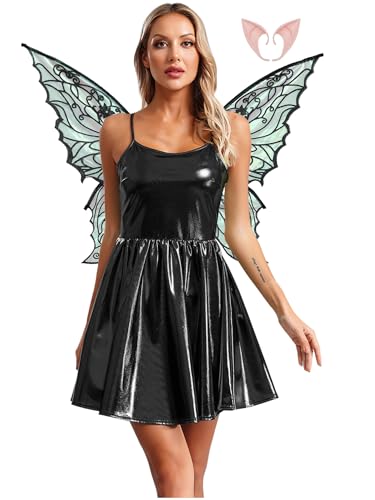 Alvivi Damen Feenkostüm Fee Elfenkleid mit Schmetterlingsflügel Elfenohren Holographic Metallic Kleid Partykleid Karneval Fasching Kostüm Schwarz L von Alvivi