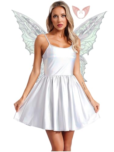 Alvivi Damen Feenkostüm Fee Elfenkleid mit Schmetterlingsflügel Elfenohren Holographic Metallic Kleid Partykleid Karneval Fasching Kostüm Silber XXL von Alvivi