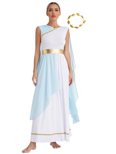 Alvivi Damen Griechische Göttin Kostüm Griechische Kleider mit Gold Blatt Stirnband Römisch Antike Griechisches Toga Mottoparty Kleid Hellblau L von Alvivi