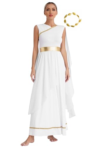 Alvivi Damen Griechische Göttin Kostüm Griechische Kleider mit Gold Blatt Stirnband Römisch Antike Griechisches Toga Mottoparty Kleid Weiß 3XL von Alvivi