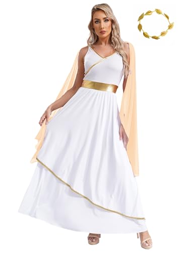 Alvivi Damen Griechisches Kleid Griechische Göttin Kostüm mit Lorbeerkranz Antike Römisch Kostüm Weiß Toga Kleid Halloween Karneval Fasching Kostüm Champagne 4XL von Alvivi