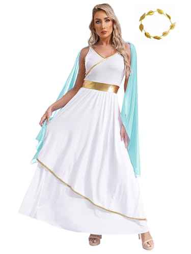 Alvivi Damen Griechisches Kleid Griechische Göttin Kostüm mit Lorbeerkranz Antike Römisch Kostüm Weiß Toga Kleid Halloween Karneval Fasching Kostüm Hellblau 3XL von Alvivi