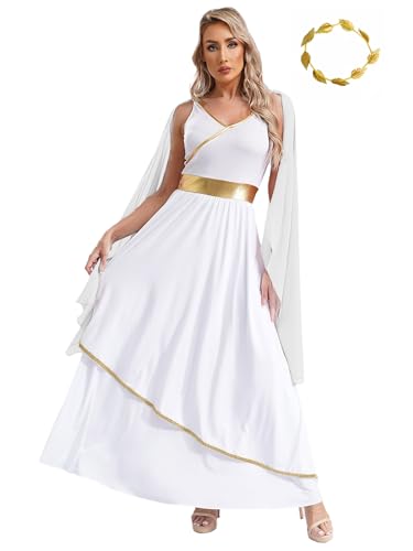 Alvivi Damen Griechisches Kleid Griechische Göttin Kostüm mit Lorbeerkranz Antike Römisch Kostüm Weiß Toga Kleid Halloween Karneval Fasching Kostüm Weiß 3XL von Alvivi