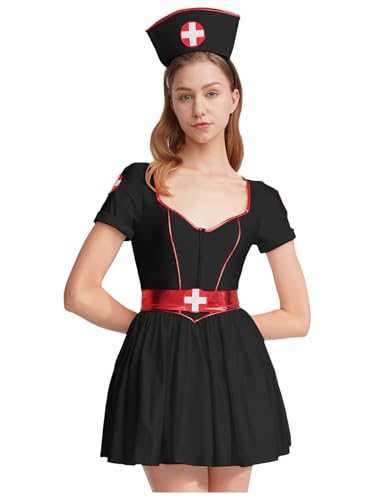 Alvivi Damen Krankenschwester Kostüm Ärztin Kleid mit Stirnband Doktor Kostüm Arzt Uniform Cosplay Halloween Karneval Fasching Verkleidung Schwarz 3XL von Alvivi