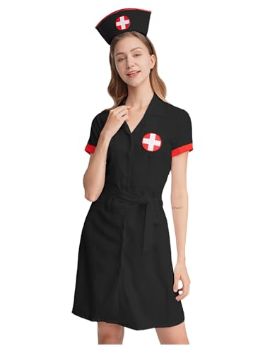 Alvivi Damen Krankenschwester Kostüm Ärztin Uniform Doktor Arztkittel Halloween Kostüm Cosplay Karneval Fasching Verkleidung Schwarz L von Alvivi