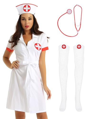 Alvivi Damen Krankenschwester Kostüm Ärztin Uniform Doktor Arztkittel mit Stethoskop Strümpfe Cosplay Halloween Karneval Fasching Verkleidung Weiß 3XL von Alvivi