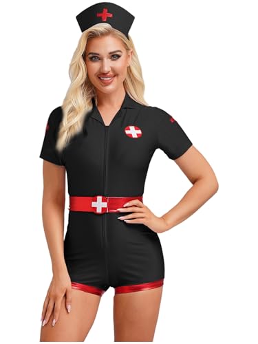 Alvivi Damen Krankenschwester Kostüm Doktor Arzt Ärztin Kostüm Kurzarm Body Overall mit Haube Gürtel Nurse Kostüm Halloween Karneval Fasching Schwarz S von Alvivi