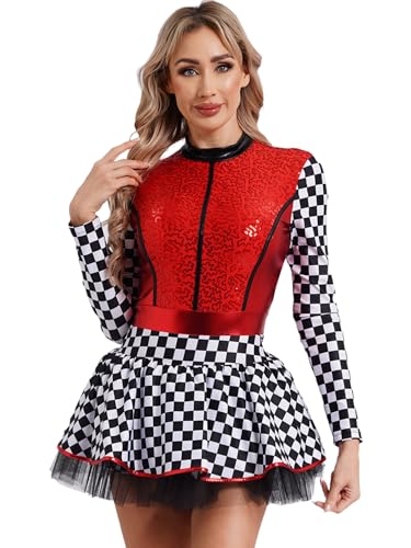 Alvivi Damen Rennfahrer Kostüm Langarm Rennwagen Kleid Pailletten Rennfahrer Overall Jumpsuit mit Tutu Rock Karneval Faschingskostüm Rot 3XL von Alvivi