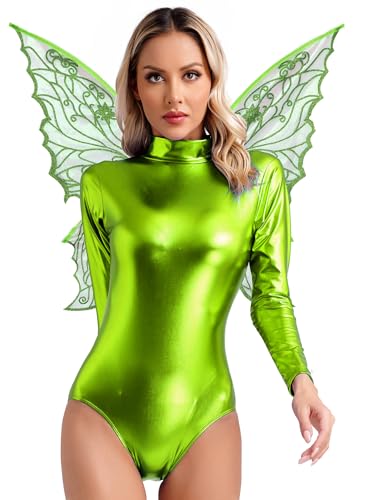 Alvivi Damen Schmetterling Kostüm Metallic Feenkostüm Glänzend Wetlook Body Overall + Elfenflügel Mottoparty Cosplay Karneval Fasching Kostüm Grün XS von Alvivi