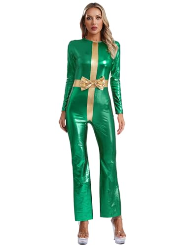 Alvivi Damen Weihnachten Kostüm Nikolaus Weihnachtsfrau Kostüm Weihnachts Geschenkbox Jumpsuit Metallic Overall mit Schlaghose Weihnachtsoutfit Grün 3XL von Alvivi