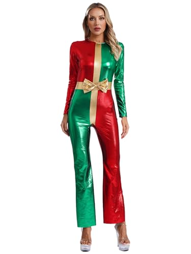 Alvivi Damen Weihnachten Kostüm Nikolaus Weihnachtsfrau Kostüm Weihnachts Geschenkbox Jumpsuit Metallic Overall mit Schlaghose Weihnachtsoutfit Rot Grün XL von Alvivi