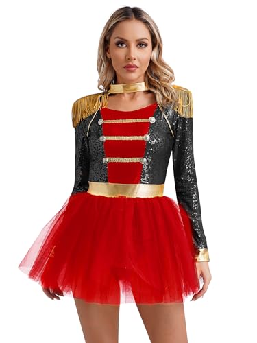 Alvivi Damen Zirkus Kostüm Zirkusdirektor Uniform Glitzer Langarm Kleid Ringmaster Show Tanzkostüm Weihnachten Karneval Party Outfits Schwarz 3XL von Alvivi