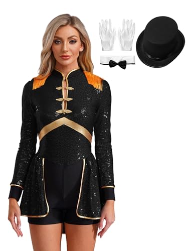 Alvivi Damen Zirkus Kostüm Zirkusdirektor Uniform Langarm Kleid Glitzer Body Overall Ringmaster Kostüm Karneval Fasching Show Tanzkostüm Party Outfits Schwarz 3XL von Alvivi