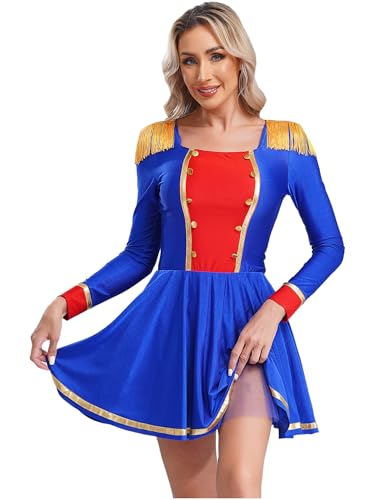 Alvivi Damen Zirkus Kostüm Zirkusdirektor Uniform Langarm Kleid mit Fransen Ringmaster Show Tanzkostüm Weihnachten Karneval Party Outfits Blau S von Alvivi