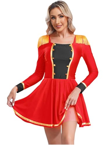 Alvivi Damen Zirkus Kostüm Zirkusdirektor Uniform Langarm Kleid mit Fransen Ringmaster Show Tanzkostüm Weihnachten Karneval Party Outfits Rot 3XL von Alvivi