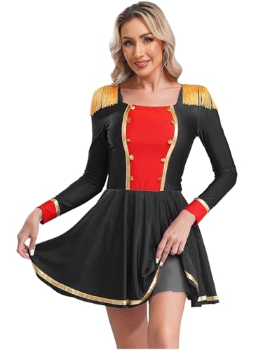 Alvivi Damen Zirkus Kostüm Zirkusdirektor Uniform Langarm Kleid mit Fransen Ringmaster Show Tanzkostüm Weihnachten Karneval Party Outfits Schwarz 3XL von Alvivi