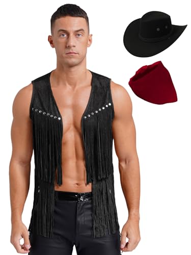 Alvivi Herren Cowboy Kostüm Wildleder Weste Fransenjacke mit Hut Bandanna Cowboy Cowgirl Outfits Festival Karneval Mottoparty Schwarz XL von Alvivi