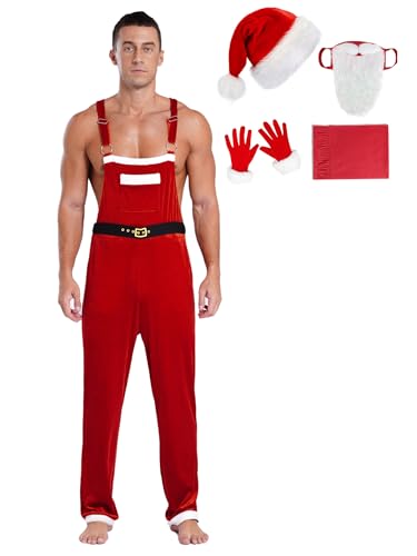 Alvivi Herren Weihnachten Kostüm Nikolaus Weihnachtsmann Kostüm Weihnachten Overall Jumpsuit mit Mütze Bart Handschuhe Schal Weihnachtsoutfit Rot 4XL von Alvivi