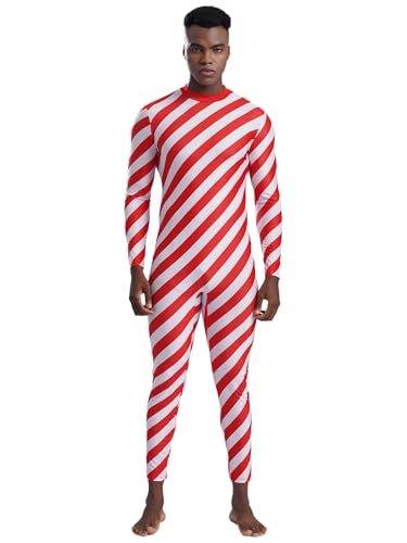 Alvivi Herren Weihnachten Kostüm Zuckerstangen Streifen Weihnachten Body Overall Jumpsuit Trikotanzug Weihnachtskostüm Party Outfits Rot L von Alvivi