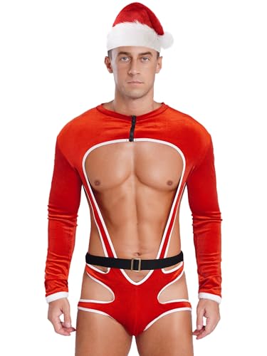 Alvivi Herren Weihnachtsmann Kostüm Nikolaus Weihnachten Body Overall Samt Wrestling Bodysuit + Weihnachtsmütze Weihnachtsoutfit Rot M von Alvivi