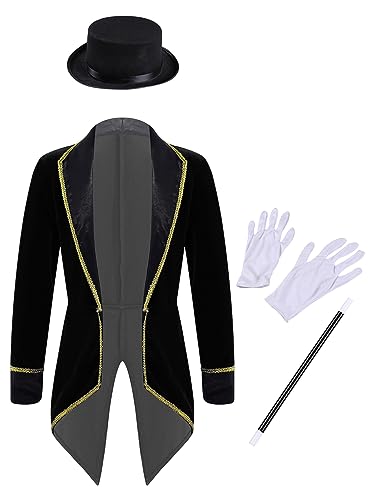 Alvivi Jungen Mädchen Zirkus Zirkusdirektor Kostüm Frack Jacke mit Zubehör Set Ringmaster Uniform Cosplay Halloween Karneval Fasching Verkleidung A Schwarz A 170-176 von Alvivi