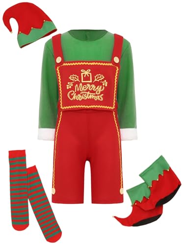 Alvivi Jungen Weihnachtself Kostüm Elfen Kostüm Weihnachten Body Overall + Mütze Zubehör Kinder Weihnachtskostüm Xmas Party Weihnachtsoutfits Rot Grün 110-116 von Alvivi