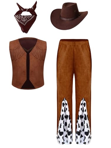 Alvivi Kinder Cowboy Kleidung Fransenweste + Schlaghose + Cowboyhut + Bandana Western Cowboy Outfits Ballsaal Hippie Disco Tanzkostüm Kaffee 170-176 von Alvivi