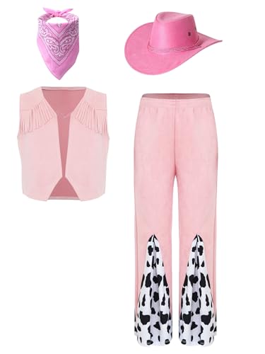 Alvivi Kinder Cowboy Kleidung Fransenweste + Schlaghose + Cowboyhut + Bandana Western Cowboy Outfits Ballsaal Hippie Disco Tanzkostüm Rosa 110-116 von Alvivi