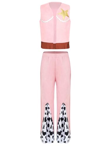 Alvivi Kinder Cowboy Kleidung Jungen Mädchen Cowboy Weste Fransenjacke mit Schlaghose Cowboy Anzug Halloween Karneval Fasching Verkleidung Rosa 158-164 von Alvivi