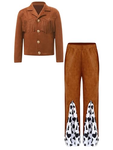 Alvivi Kinder Cowboy Kostüm Jungen Mädchen Western Cowgirl Outfits Fransenjacke mit Schlaghose Cowboy Anzug Halloween Karneval Fasching Verkleidung Braun 170-176 von Alvivi