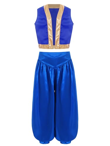 Alvivi Kinder Jungen Arabische Prinz Kostüm Mittelalter Weste Jacke + Pumphose Indische Arabische Kleidung Karneval Fasching Kostüm Mottoparty Blau 134-140 von Alvivi