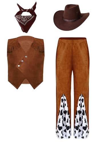 Alvivi Kinder Jungen Cowboy Kostüm Cowboy Weste + Hose + Cowboyhut + Bandana Wild Western Cowboy Outfits Karneval Fasching Mottoparty Kaffee 122-128 von Alvivi