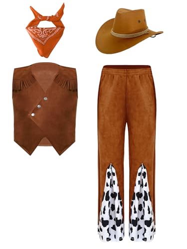 Alvivi Kinder Jungen Cowboy Kostüm Cowboy Weste + Hose + Cowboyhut + Bandana Wild Western Cowboy Outfits Karneval Fasching Mottoparty Orange 122-128 von Alvivi