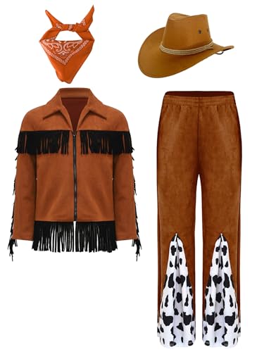 Alvivi Kinder Jungen Mädchen Cowboy Kostüm Fransenjacke + Schlaghose + Cowboyhut + Bandana Cowboy Kleidung Halloween Karneval Fasching Verkleidung Orange 110-116 von Alvivi