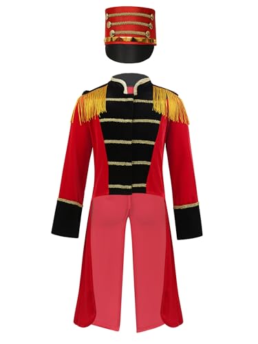 Alvivi Kinder Jungen Zirkus Kostüm Gothic Frack Jacke Mantel mit Hut Zirkusdirektor Uniform Ringmaster Kostüm Halloween Karneval Fasching Verkleidung Rot 158-164 von Alvivi