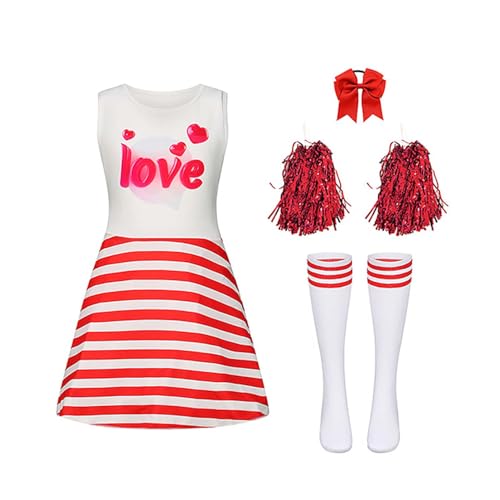 Alvivi Kinder Mädchen Cheer Leader Kostüm Cheerleading Kleid mit Pompoms Socken Haarband Cheer Outfits Halloween Karneval Fasching Partykleid Rot 110-116 von Alvivi