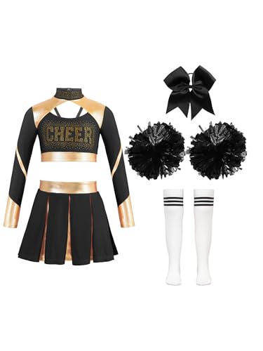 Alvivi Kinder Mädchen Cheer Leader Kostüm Cheerleading Uniform Halloween Karneval Fasching Tanzkostüm 5tlg. Langarm Crop Tops mit Rock Pompoms Schwarz 110-116 von Alvivi