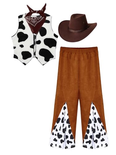 Alvivi Kinder Mädchen Cowgirl Kostüm Kuh Muster Fleece Weste Jacke + Schlaghose + Cowboyhut + Bandana Cowgirl Kleidung Disco Ballsaal Tanzkostüm Kaffee 146-152 von Alvivi